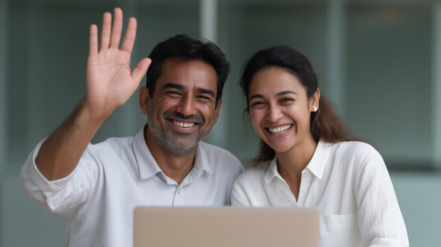 Happy Couple Smiling and Waving While Using Laptop Together