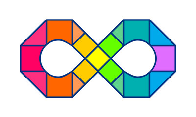 Colorful neurodiversity infinity symbol. Stylized sign in vibrant geometric blocks representing diversity, inclusion, autism awareness, and mental well-being. Clean, modern vector illustration.  
