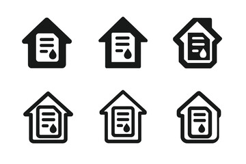 Plumbing Permit Icons. Plumbing permit documents. Icon set. Set Logo of plumbing permit documents: house outline with document and water symbol. harmonious