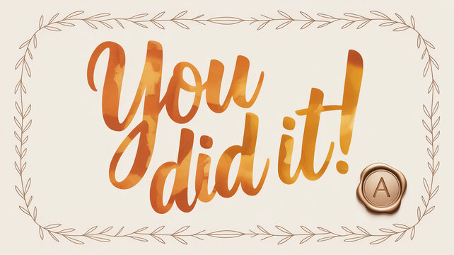 Minimalist warm-toned watercolor ‘you did it’ script on textured cotton canvas with sepia botanical border and wax-seal icon, handcrafted aesthetic, milestone e-card style.