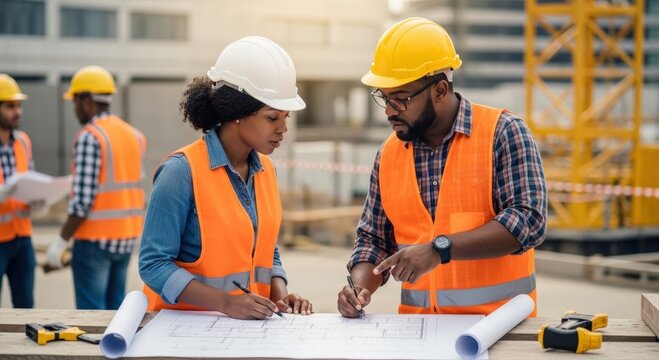 African American construction engineers collaborate on detailed blueprints, planning a dynamic building project at a bustling urban development site, ensuring teamwork and future success