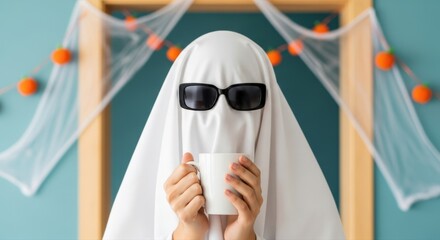 Cool ghost wearing black sunglasses holds a warm mug, playfully celebrating autumn Halloween with festive spooky decor