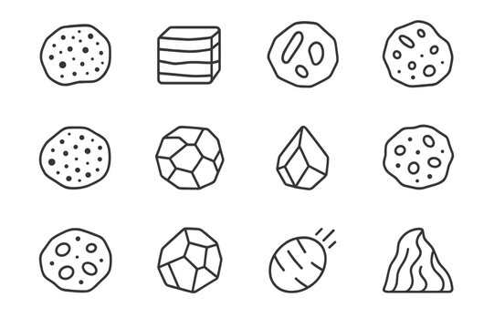 Igneous Rock Icons. Igneous rocks. Line icon set of igneous rocks: granite, basalt, rhyolite, andesite, diorite, gabbro, obsidian, pumice, scoria, pegmatite,