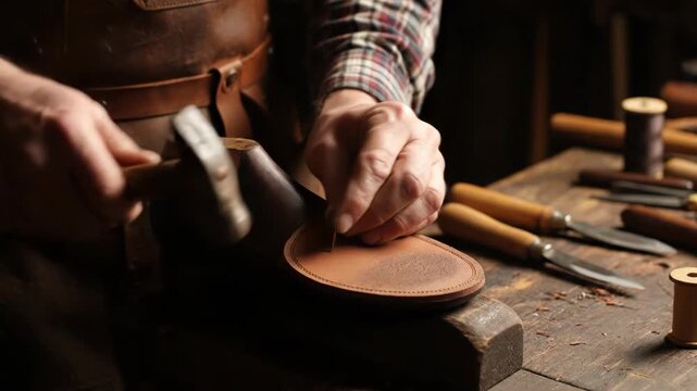 A shoemaker hammers a nail into leather while working at a wooden workbench. Tools and materials are nearby. The lighting is focused