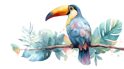 Fototapeta premium Watercolor toucan perched on a branch with tropical leaves isolated on transparent background