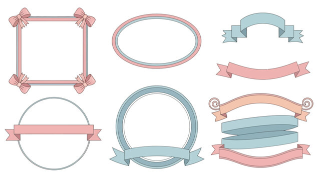 A Collection of Decorative Frames, Ribbons, and Bows in Pastel Colors for Design Projects