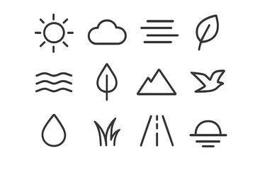 Calm Weather Icon Set. Calm weather. Line icon set of calm weather: sun, cloud, fog, leaf, wave, tree, mountain, bird, droplet, grass, road, horizon. All