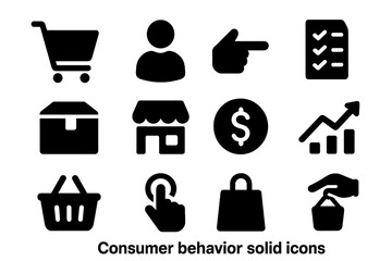 Obraz premium Consumer Behavior Icons. Consumer behavior. Solid icon set of Consumer behavior: shopping cart, buyer icon, hand pointing, checklist, goods icon, store icon,