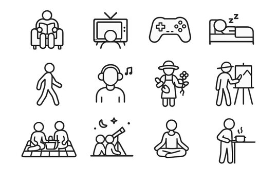 Leisure Icons Set. Leisure activities. Line icon set of leisure activities: reading, watching TV, gaming, napping, listening to music, walking, gardening,