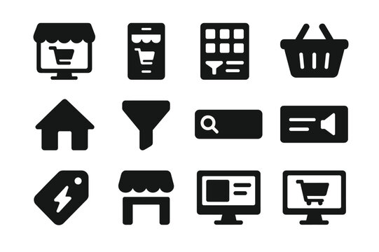 E-Commerce Icon Set. E-commerce platforms. Solid icon set of E-commerce platforms: online shop, mobile app, product grid, shopping basket, homepage icon,