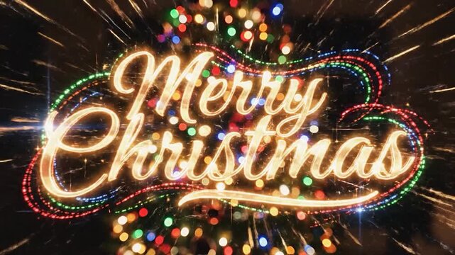 Merry Christmas sign with festive lights and dynamic zoom effect.