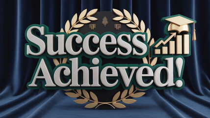 Luxury hyper-realistic 3d corporate success achieved design with emerald-platinum typography, gold geometric laurel, circuit-tech details, rising-star icon, velvet background.