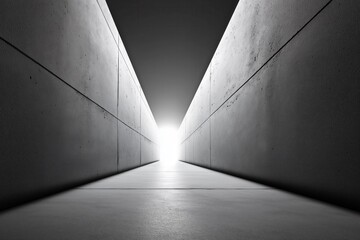 Concrete corridor narrowing toward bright white light, abstract business metaphor for breakthrough, clarity and visionary direction