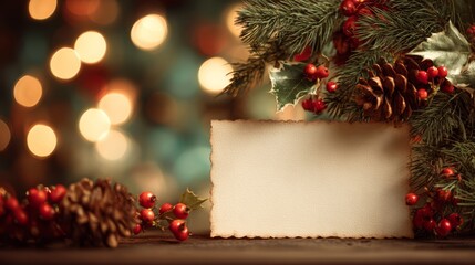 blank paper note with red berries and pine needle with Christmas light , festive vibes