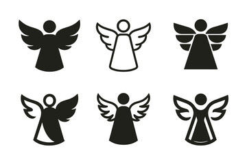 Angelic Logo Variations. angelic presence. Icon set. Set Logo of angelic presence: serene figure with wings. harmonious logo variations of the same emblematic