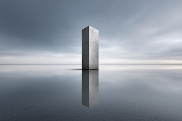 Fototapeta premium Solitary concrete monolith rising from still water under dramatic sky, abstract metaphor for ambition, growth and inner stability