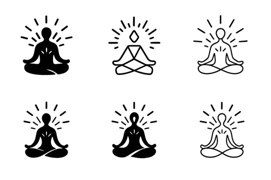 Meditative Energy Logos. person in meditation with energy flow. Icon set. Set Logo of person in meditation with energy flow: lotus posture with radiant energy.