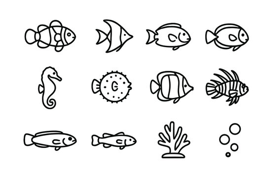 Tropical Fish Icons. Tropical Fish. Line icon set of Tropical Fish: clownfish, angelfish, parrotfish, tang fish, seahorse, pufferfish, butterflyfish, lionfish,