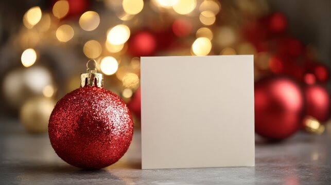festive background for Christmas, blank paper with red bauble and festive bokeh light  - Powered by Adobe