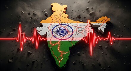 India earthquake concept with cracked earth, flag colors and heartbeat signal conveys crisis and resilience, perfect for news and disaster relief campaigns