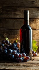 Fototapeta premium Red Wine Bottle Next to Fresh Grapes With Wooden Background and Warm Light