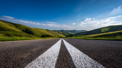 Smooth asphalt roadway stretches toward distant rolling green hills beneath a bright blue sky