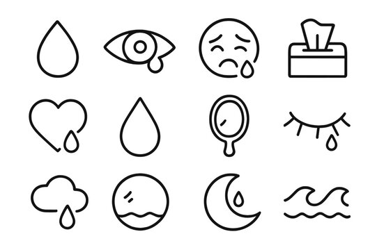 Emotional Icon Set. Tears and emotion. Line icon set of tears and emotion: teardrop, eye, crying face, tissue, heart, raindrop, mirror, eyelash, cloud,