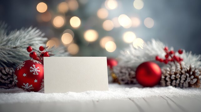festive background for Christmas, blank paper with red bauble and pine cone and berries 