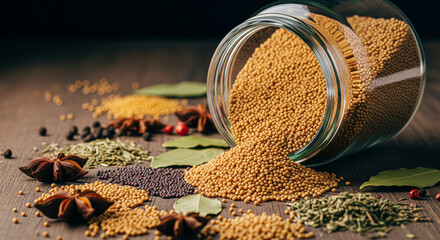 Golden mustard seeds spilling from glass jar onto rustic wood, surrounded by diverse spices