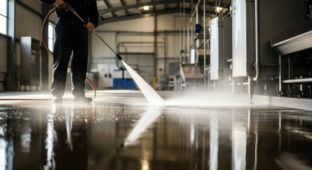 Industrial cleaner meticulously power washes concrete factory floor, ensuring pristine hygiene and sanitation standards around processing equipment