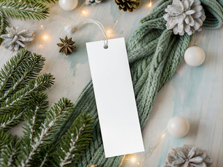 Winter Bookmark Mockup with Cozy Knitted Scarf, Pine Branches and Festive Lights