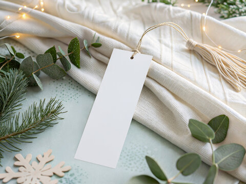 Winter Bookmark Mockup with Cozy Fabric, Greenery and Soft Warm Lights