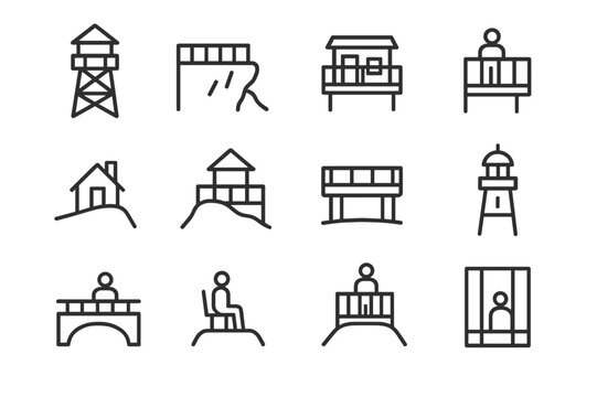 Observation Point Icons. Observation points. Line icon set of observation points: lookout tower, cliff platform, rooftop terrace, balcony edge, mountain hut,