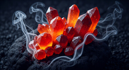 Radiant Red Crystal Cluster Emitting Smoke from Dark Volcanic Rock