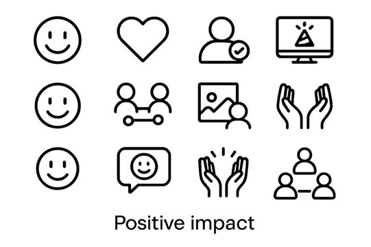 Positive Impact Icon Set. Positive impact. Line icon set of positive impact: happy emoji, heart icon, friend request accepted, online celebration, smile icon,