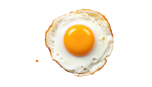 Close-up studio shot of a perfectly fried egg. Bright yellow yolk, encircled by a fluffy white. Isolated on black backdrop