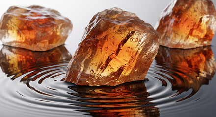 Golden amber crystal chunks create elegant ripples on dark liquid.