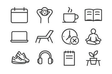 Meeting-Free Day Icons. Meeting-Free Days. Line icon set of Meeting-Free Days: calendar with blank day, relaxed person, coffee cup, open book, laptop closed,