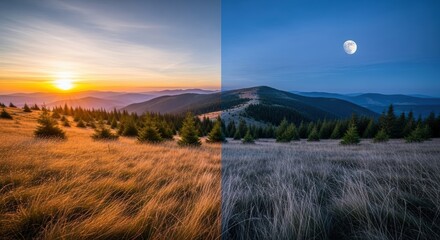 Mountain landscape beautifully captures dramatic contrast between vibrant golden sunset and tranquil moonlit night, showcasing nature's profound duality
