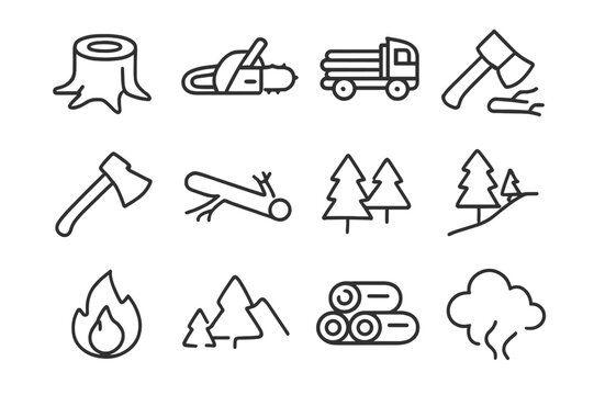 Deforestation Icon Set. Deforestation. Line icon set of deforestation: tree stump, chainsaw, logging truck, axe, fallen tree, cleared land, fire, forest
