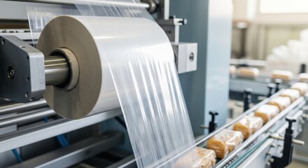 Packaging machine seamlessly wraps fresh food products using transparent plastic film on a high-speed industrial conveyor, ensuring hygienic modern production
