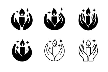 Festive Unity Logos. Winter Holiday Themed Charity Event. Icon set. Set Logo of festive unity: candle surrounded by hands and stars. harmonious logo variations