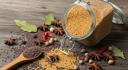 Yellow and brown mustard seeds with various whole spices spilled on a rustic wooden table.