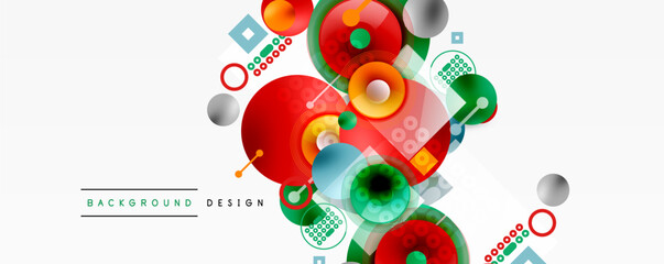 Abstract colorful design. Circles, squares, lines create dynamic composition. Modern background for various projects. Bright, vibrant elements.