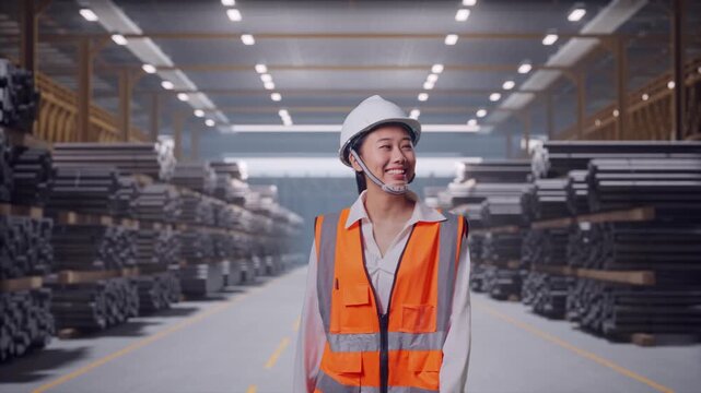 Front View of Asian Female Engineer Walking in Warehouse Storage of Rolled Steel Metal Bars, Rods or Billets