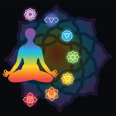 Gradient Silhouette  of girl sits in the lotus position and meditates. Yoga. Colored chakras on a black background. Seven chakra symbols. Each chakra is depicted as a unique geometric Colored chakras.