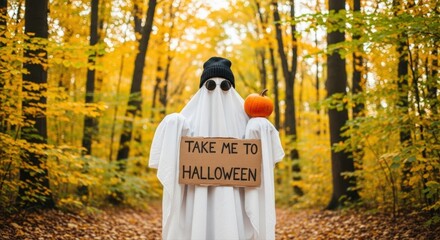 Playful ghost, sporting a modern beanie and sunglasses, holds a 'Take Me To Halloween' sign alongside a tiny pumpkin in a beautiful, golden autumn forest