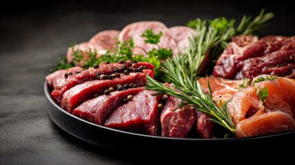 Fototapeta premium Fresh Assortment of Raw Meats Including Beef, Pork, and Salmon on a Black Plate Garnished with Green Herbs and Spices for Culinary Delights