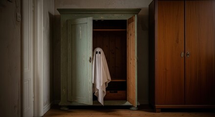 Playful white ghost peeks from an old distressed green wardrobe, creating a whimsical, mysterious Halloween atmosphere indoors