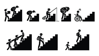 Stairs challenge stick figures different situations illustration